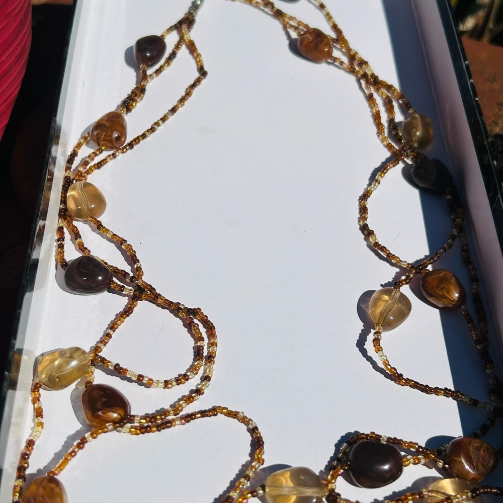 Long Art Deco Tribal Fall Multicolor Amber Beaded 3-strand Necklace